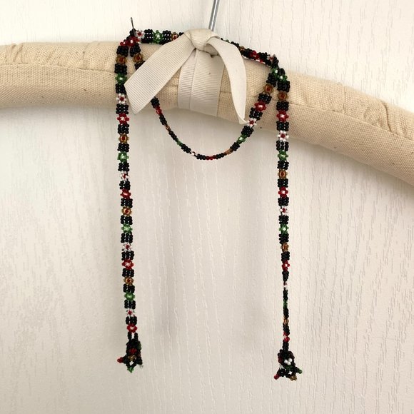 Hungarian Skinny Beaded Scarf Necklace with Black, Green, Red, White Bead Detail - Picture 7 of 12